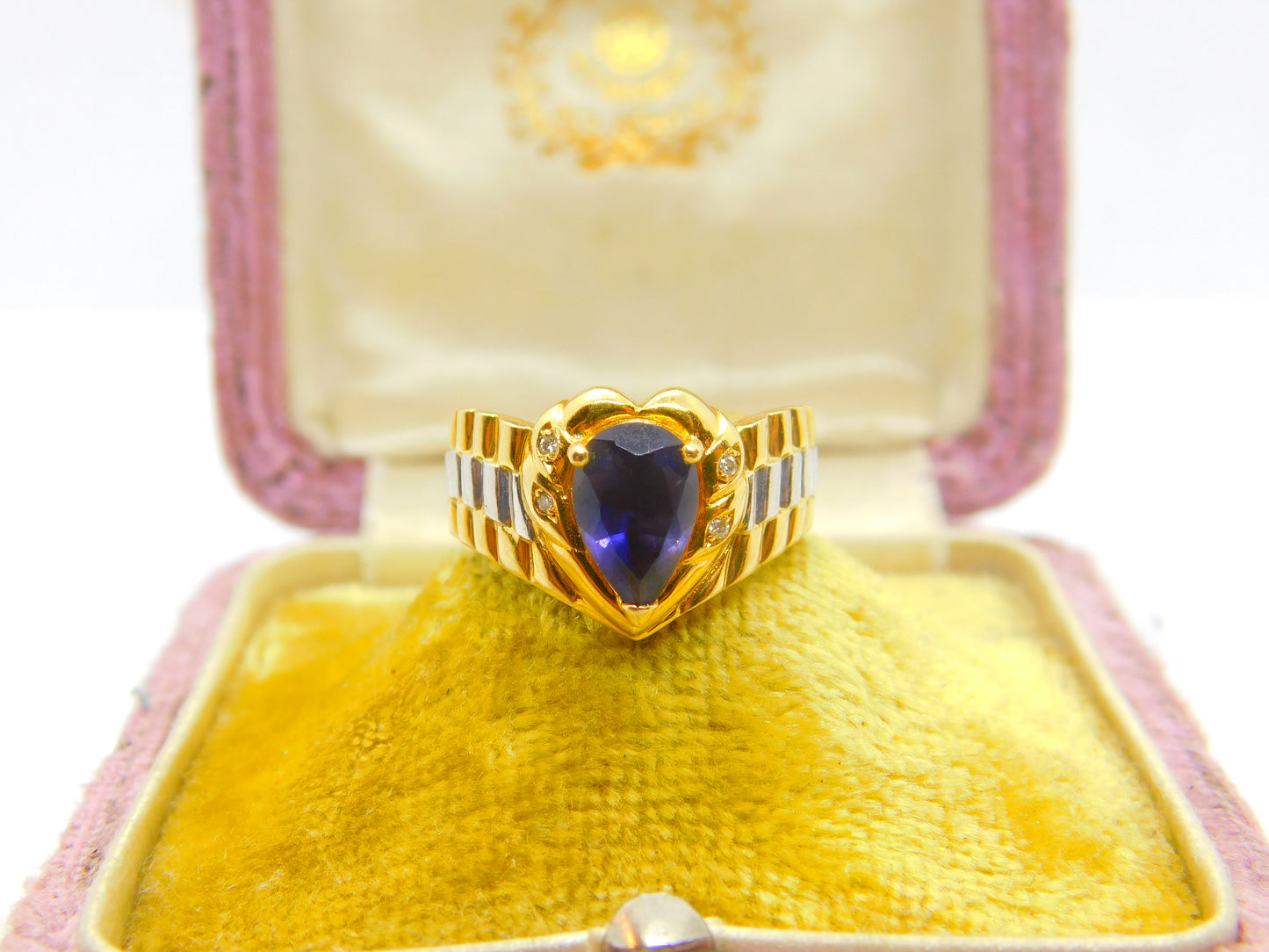 18ct Two-Tone Gold, Pear Cut Iolite & Diamond Heart Form Band Ring Vintage c1980