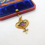 Edwardian 9ct Gold, Amethyst & Pearl Lavalier Drop Pendant Antique c1910