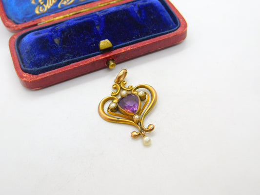 Edwardian 9ct Gold, Amethyst & Pearl Lavalier Drop Pendant Antique c1910