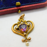 Edwardian 9ct Gold, Amethyst & Pearl Lavalier Drop Pendant Antique c1910