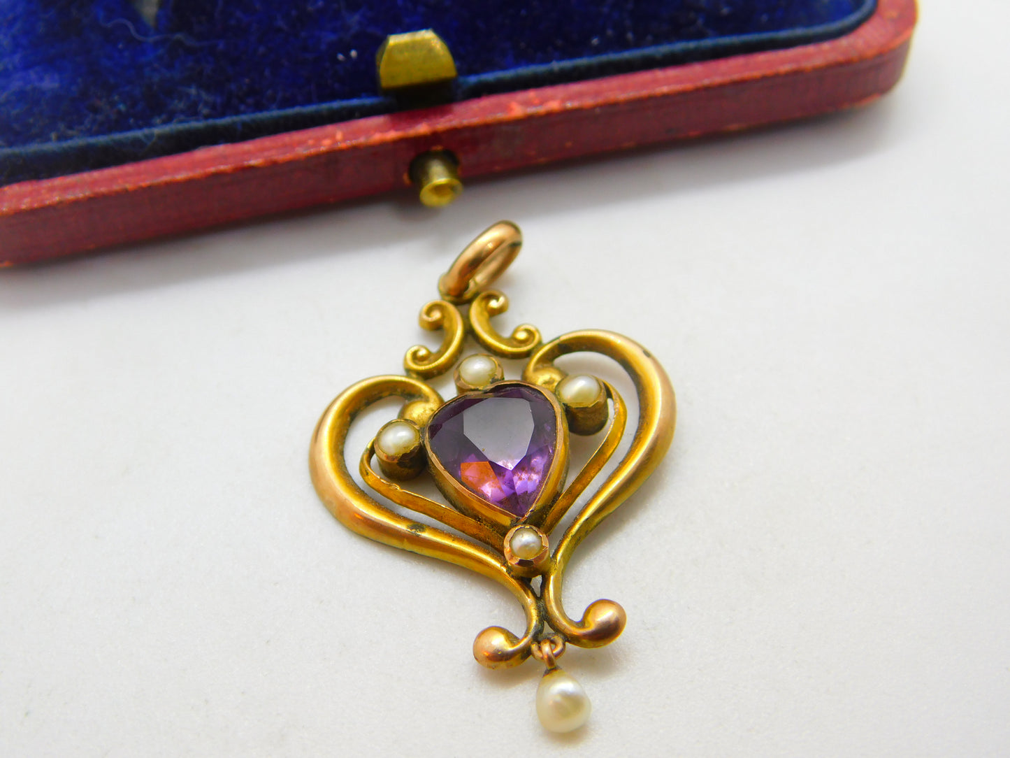 Edwardian 9ct Gold, Amethyst & Pearl Lavalier Drop Pendant Antique c1910