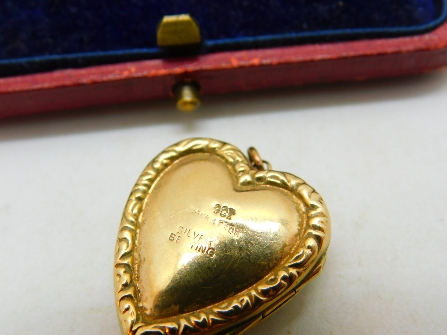 9ct Gold Back & Front, Seed Pearl & Garnet Heart Shaped Locket Antique c1920