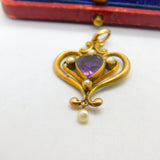 Edwardian 9ct Gold, Amethyst & Pearl Lavalier Drop Pendant Antique c1910