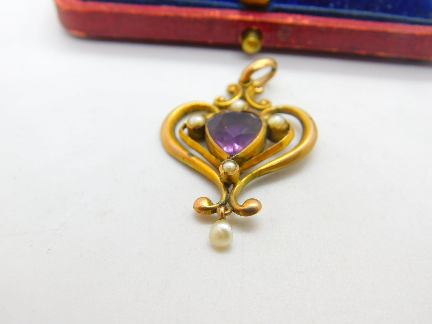 Edwardian 9ct Gold, Amethyst & Pearl Lavalier Drop Pendant Antique c1910