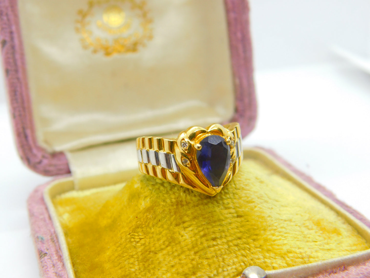 18ct Two-Tone Gold, Pear Cut Iolite & Diamond Heart Form Band Ring Vintage c1980