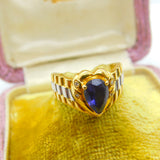 18ct Two-Tone Gold, Pear Cut Iolite & Diamond Heart Form Band Ring Vintage c1980