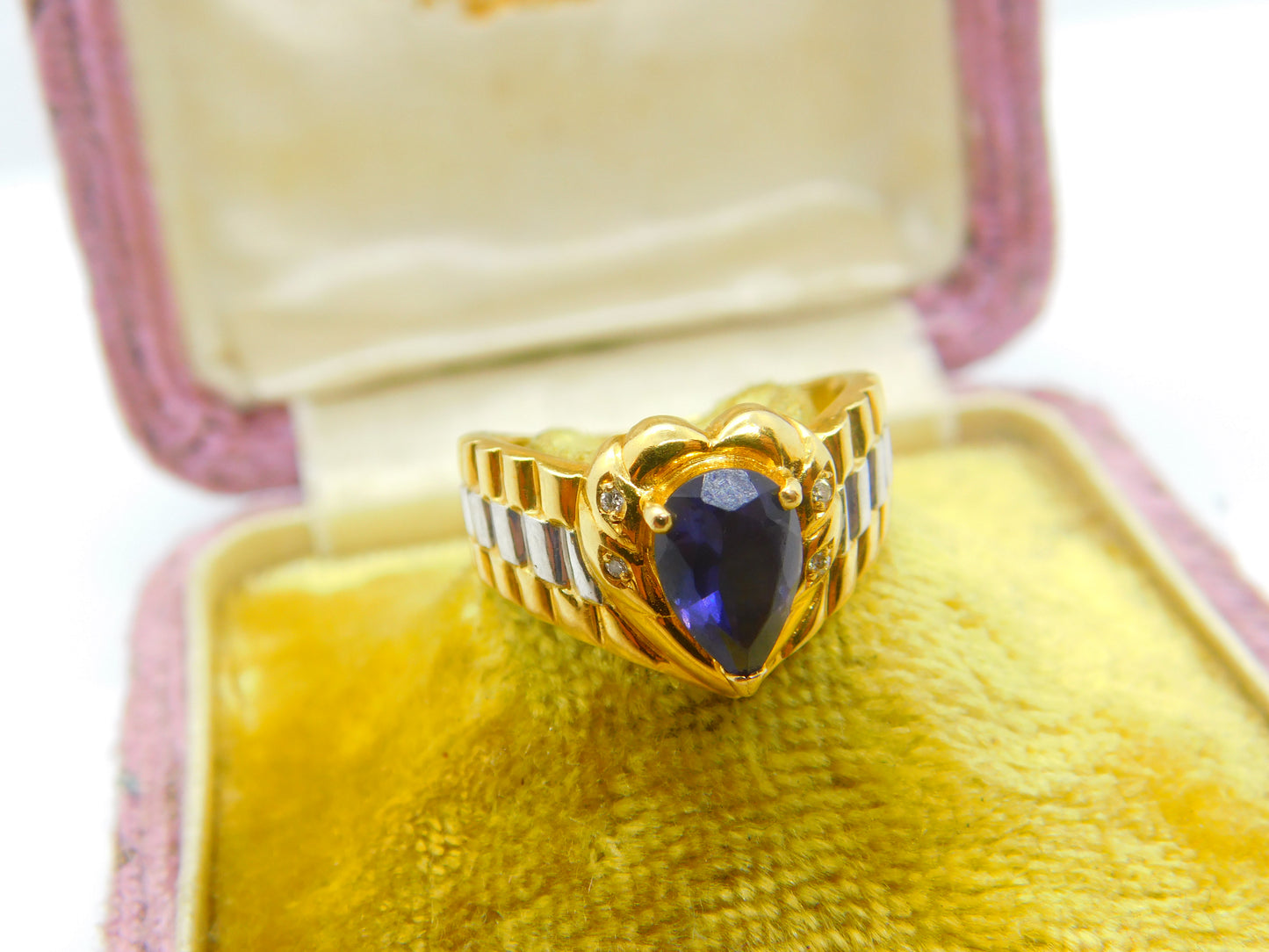 18ct Two-Tone Gold, Pear Cut Iolite & Diamond Heart Form Band Ring Vintage c1980