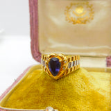 18ct Two-Tone Gold, Pear Cut Iolite & Diamond Heart Form Band Ring Vintage c1980