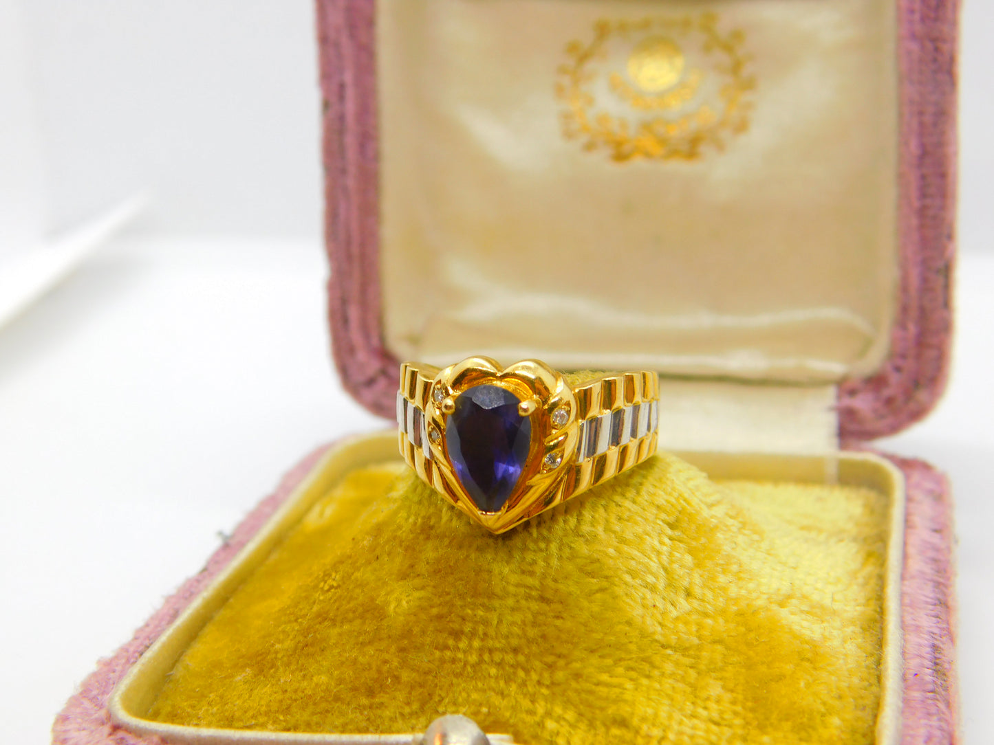 18ct Two-Tone Gold, Pear Cut Iolite & Diamond Heart Form Band Ring Vintage c1980