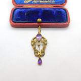 Edwardian 9ct Gold, Amethyst & Seed Pearl Lavalier Drop Pendant Antique c1910