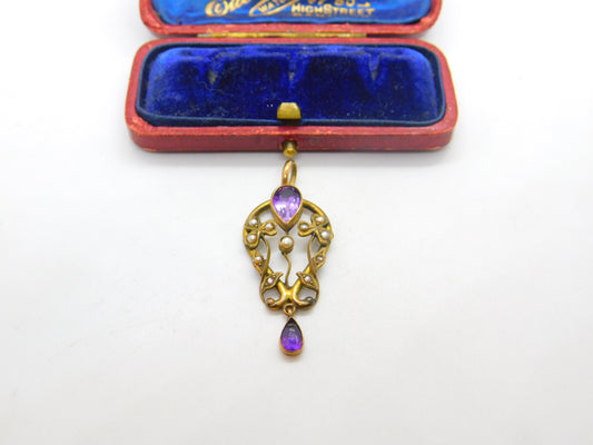 Edwardian 9ct Gold, Amethyst & Seed Pearl Lavalier Drop Pendant Antique c1910