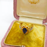 18ct Two-Tone Gold, Pear Cut Iolite & Diamond Heart Form Band Ring Vintage c1980