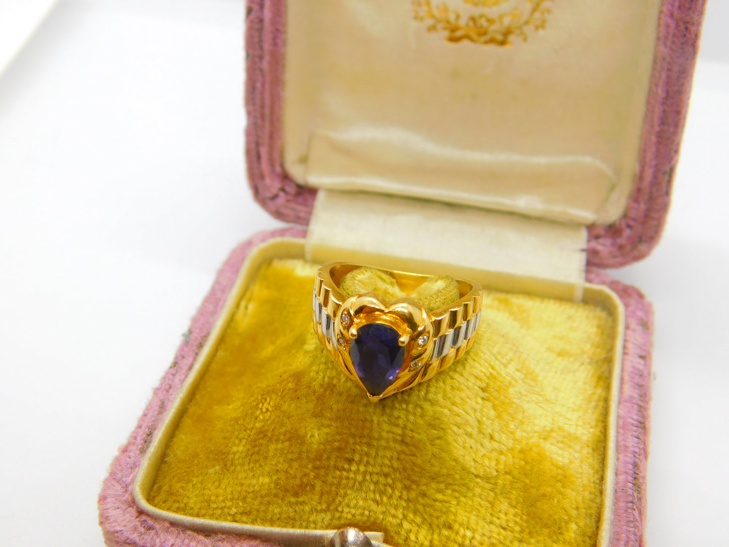 18ct Two-Tone Gold, Pear Cut Iolite & Diamond Heart Form Band Ring Vintage c1980