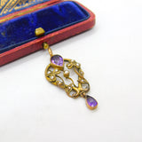 Edwardian 9ct Gold, Amethyst & Seed Pearl Lavalier Drop Pendant Antique c1910