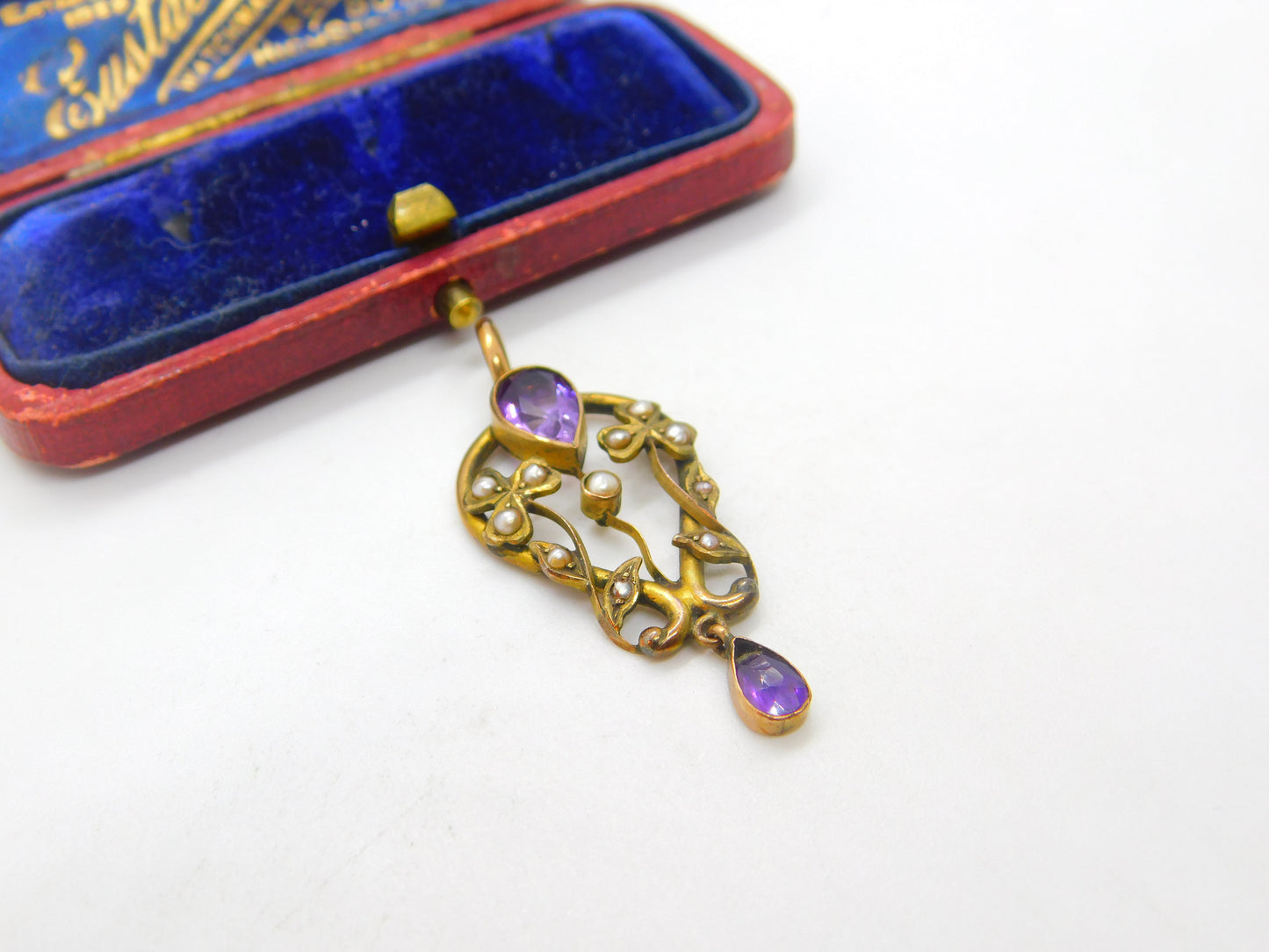 Edwardian 9ct Gold, Amethyst & Seed Pearl Lavalier Drop Pendant Antique c1910