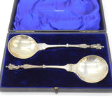 Edwardian Boxed Pair Sterling Silver Apostle Dessert Spoon 1902 London Antique