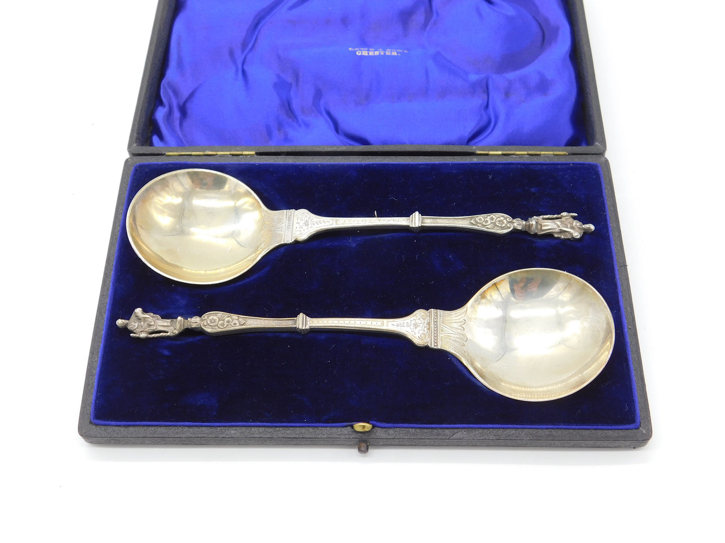 Edwardian Boxed Pair Sterling Silver Apostle Dessert Spoon 1902 London Antique