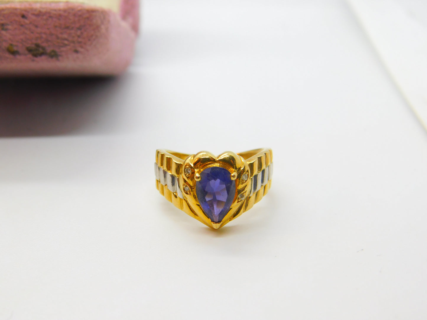 18ct Two-Tone Gold, Pear Cut Iolite & Diamond Heart Form Band Ring Vintage c1980