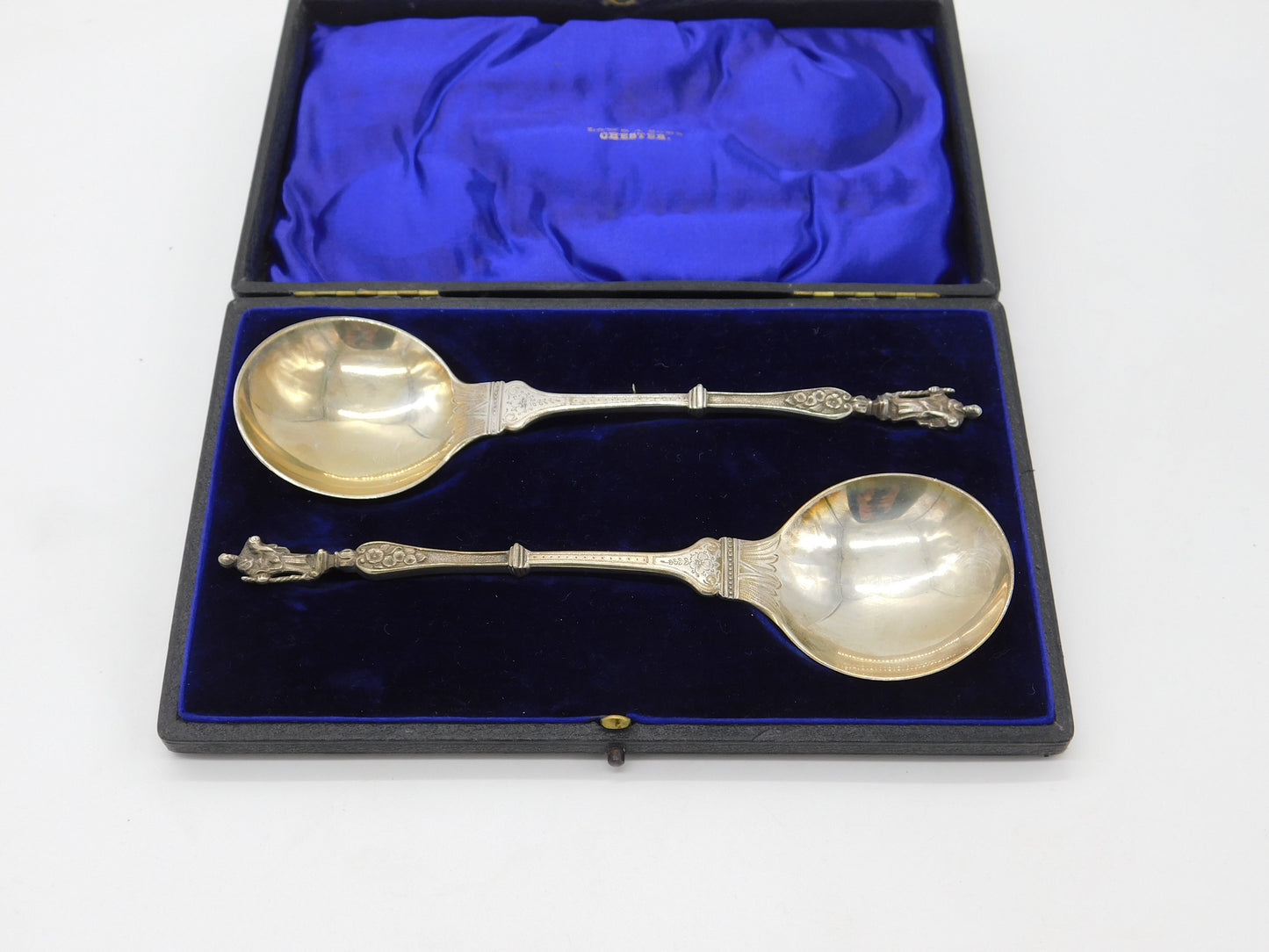 Edwardian Boxed Pair Sterling Silver Apostle Dessert Spoon 1902 London Antique