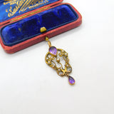 Edwardian 9ct Gold, Amethyst & Seed Pearl Lavalier Drop Pendant Antique c1910