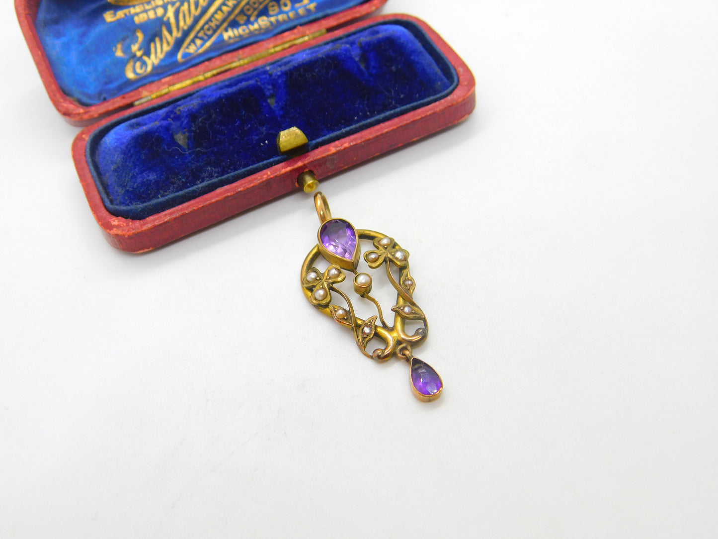 Edwardian 9ct Gold, Amethyst & Seed Pearl Lavalier Drop Pendant Antique c1910