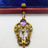 Edwardian 9ct Gold, Amethyst & Seed Pearl Lavalier Drop Pendant Antique c1910