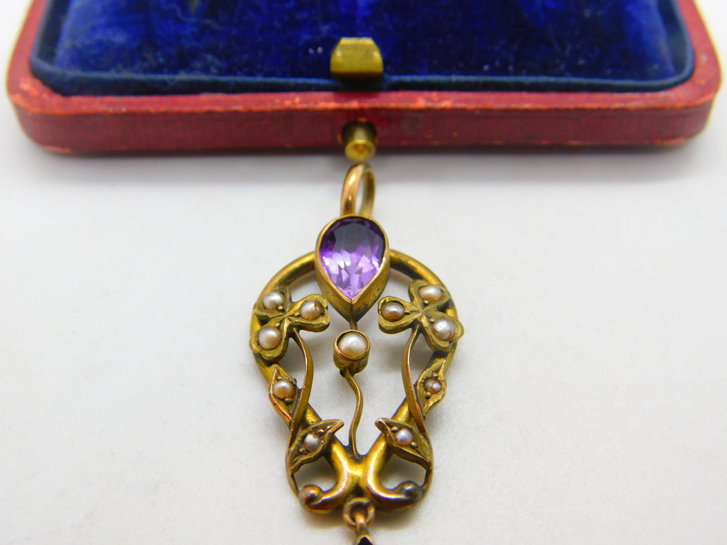 Edwardian 9ct Gold, Amethyst & Seed Pearl Lavalier Drop Pendant Antique c1910