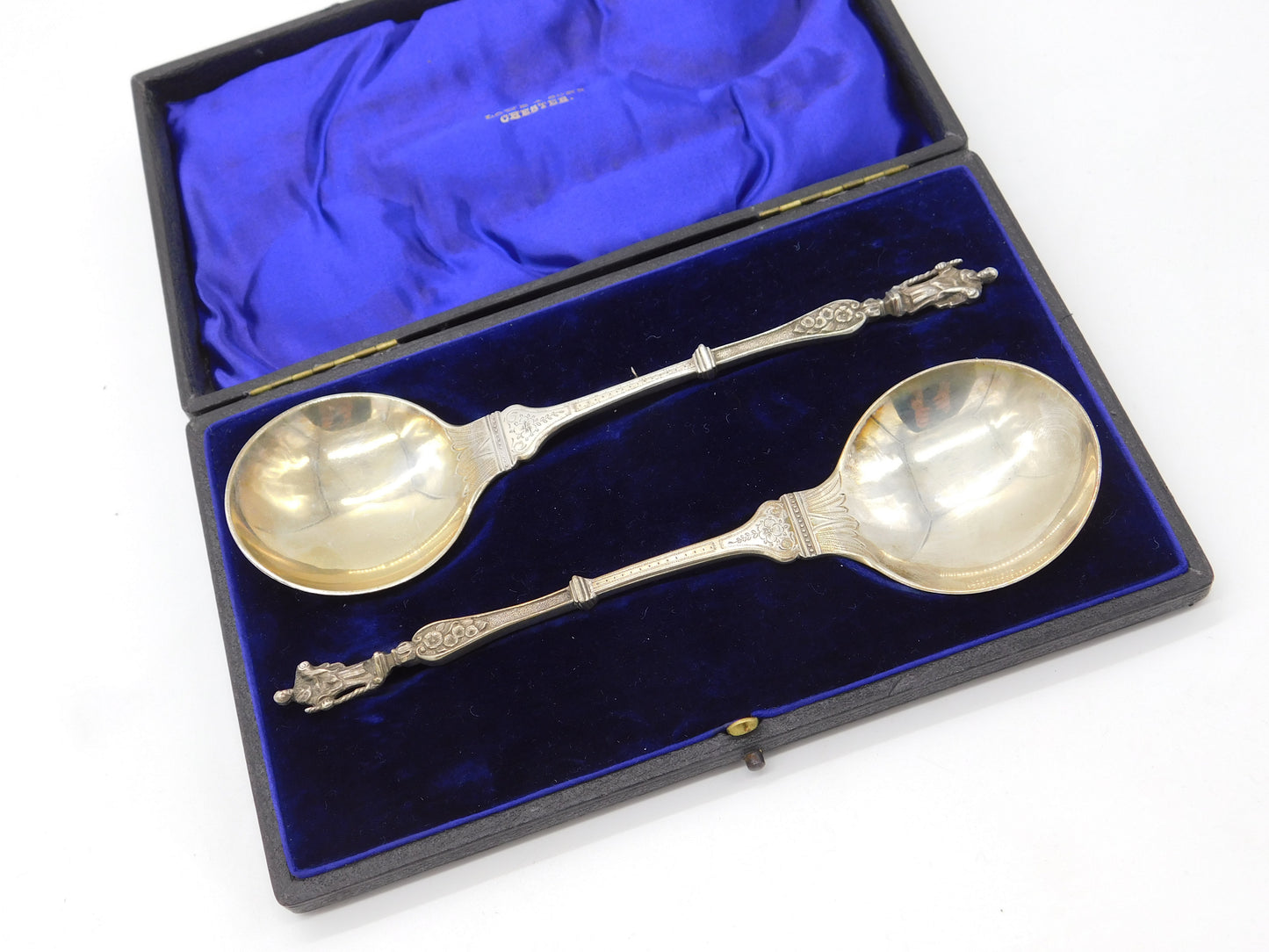 Edwardian Boxed Pair Sterling Silver Apostle Dessert Spoon 1902 London Antique