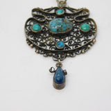 Austro-Hungarian Sterling Silver & Turquoise Pendant Necklace Antique c1860
