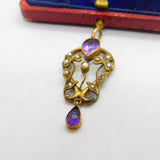 Edwardian 9ct Gold, Amethyst & Seed Pearl Lavalier Drop Pendant Antique c1910