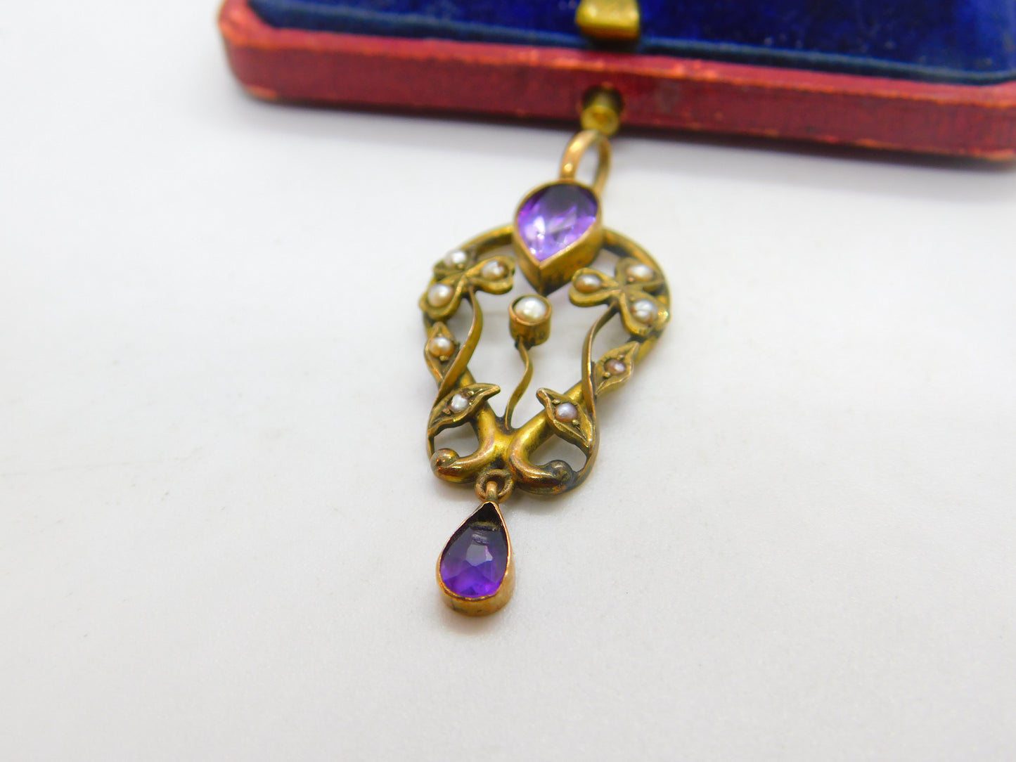 Edwardian 9ct Gold, Amethyst & Seed Pearl Lavalier Drop Pendant Antique c1910