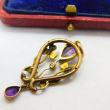 Edwardian 9ct Gold, Amethyst & Seed Pearl Lavalier Drop Pendant Antique c1910