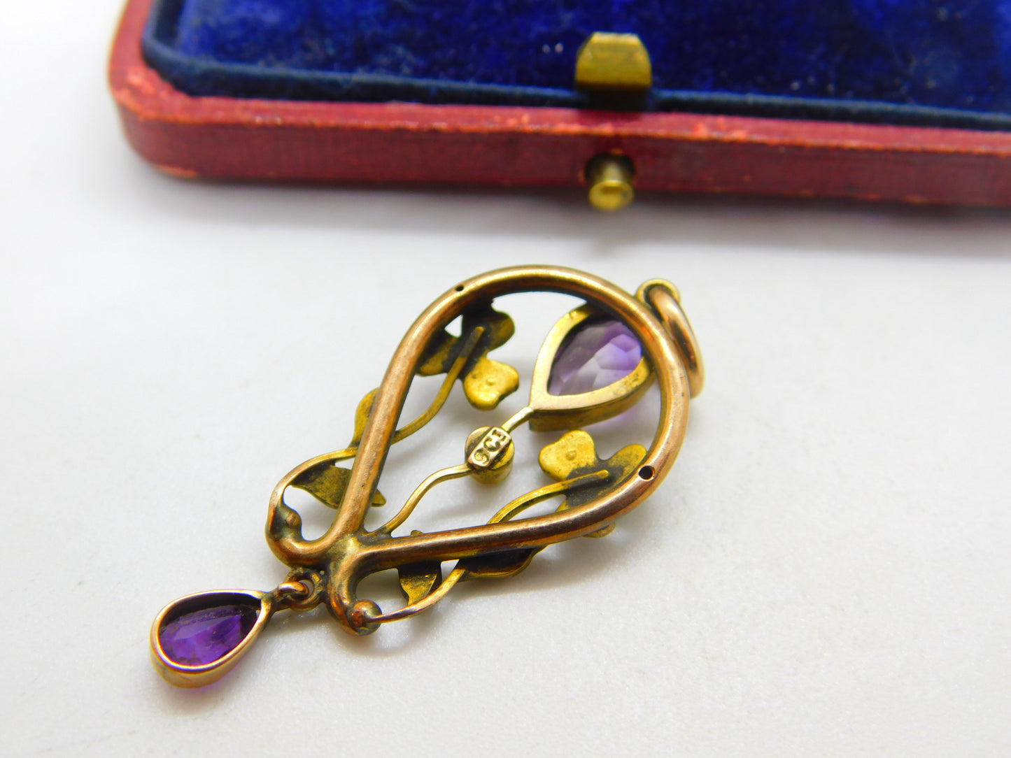 Edwardian 9ct Gold, Amethyst & Seed Pearl Lavalier Drop Pendant Antique c1910