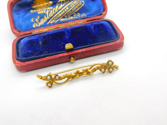 Victorian 15ct Yellow Gold & Seed Pearl Shamrock Knot Brooch Antique c1880