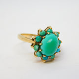 9ct Yellow Gold Turquoise Set Floral Cluster Ring Vintage 1967 London