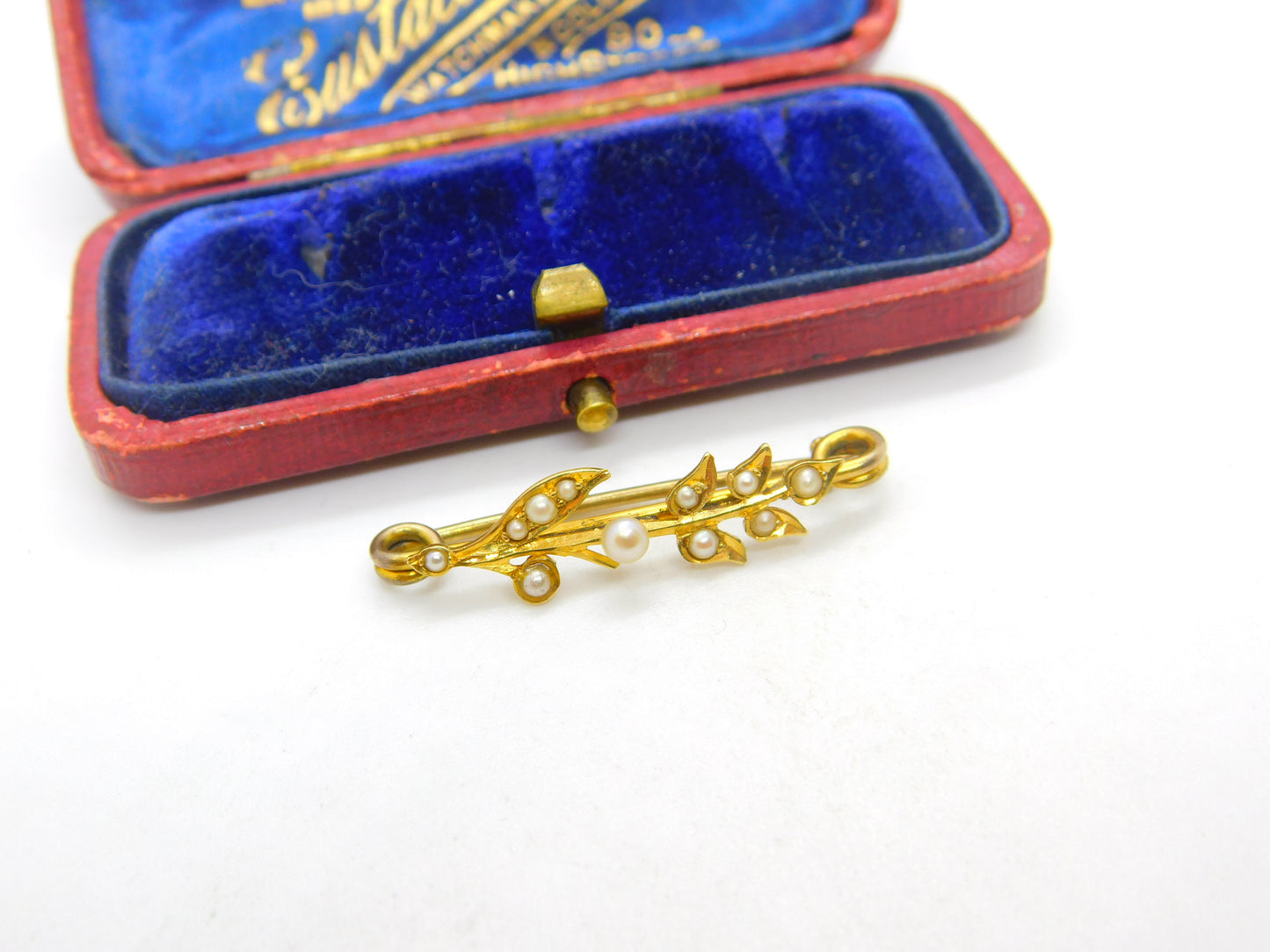 Victorian 15ct Yellow Gold & Seed Pearl Set Sweetheart Brooch Art Nouveau c1890