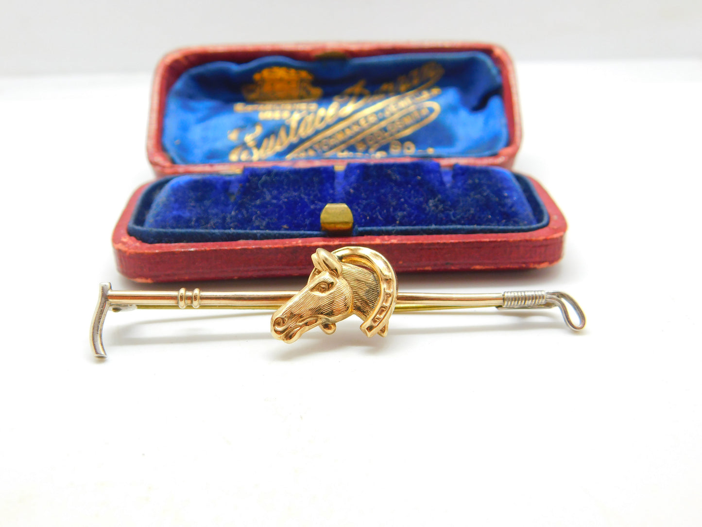 9ct Yellow Gold Hunting Crop, Shoe & Horses Head Stock Pin Brooch Antique