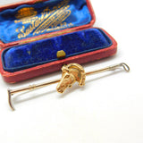9ct Yellow Gold Hunting Crop, Shoe & Horses Head Stock Pin Brooch Antique