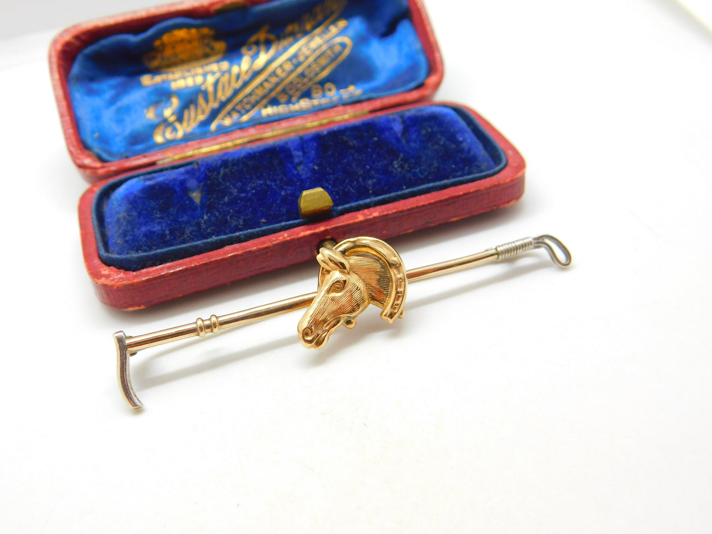 9ct Yellow Gold Hunting Crop, Shoe & Horses Head Stock Pin Brooch Antique