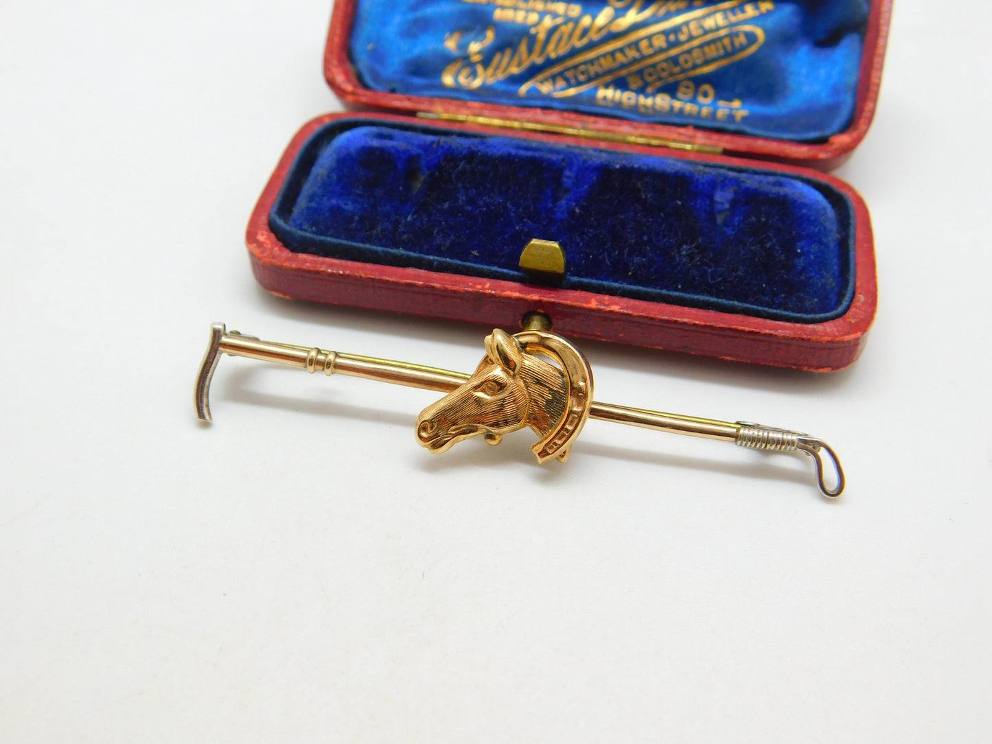 9ct Yellow Gold Hunting Crop, Shoe & Horses Head Stock Pin Brooch Antique