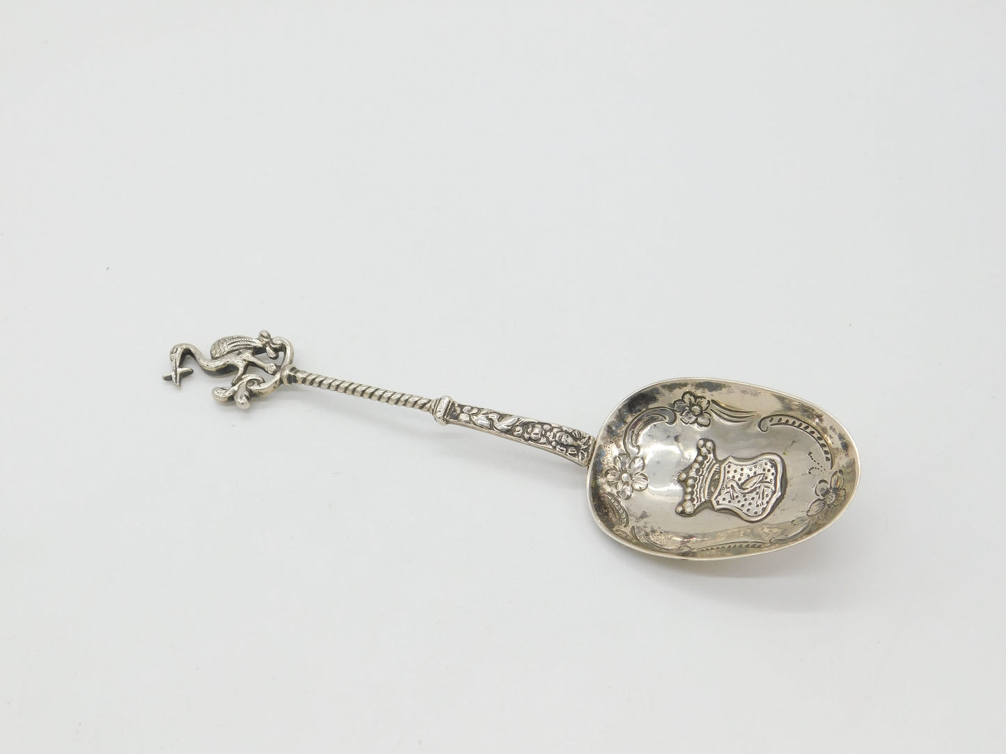 Victorian Dutch .833 Grade Silver Stork Pattern Christening Spoon c1890 Antique