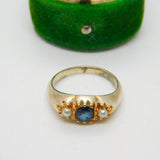 Victorian 18ct Yellow Gold, Sapphire & Pearl Set Boat Ring Antique c1890