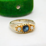 Victorian 18ct Yellow Gold, Sapphire & Pearl Set Boat Ring Antique c1890