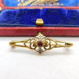 9ct Yellow Gold, Garnet & Diamond Floral Brooch Vintage 1969 London