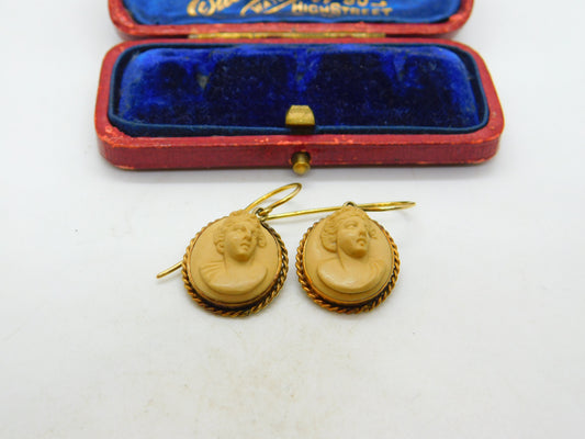 Regency Grand Tour 9ct Gold Carved Lava Female Cameo Earrings Antique c1830