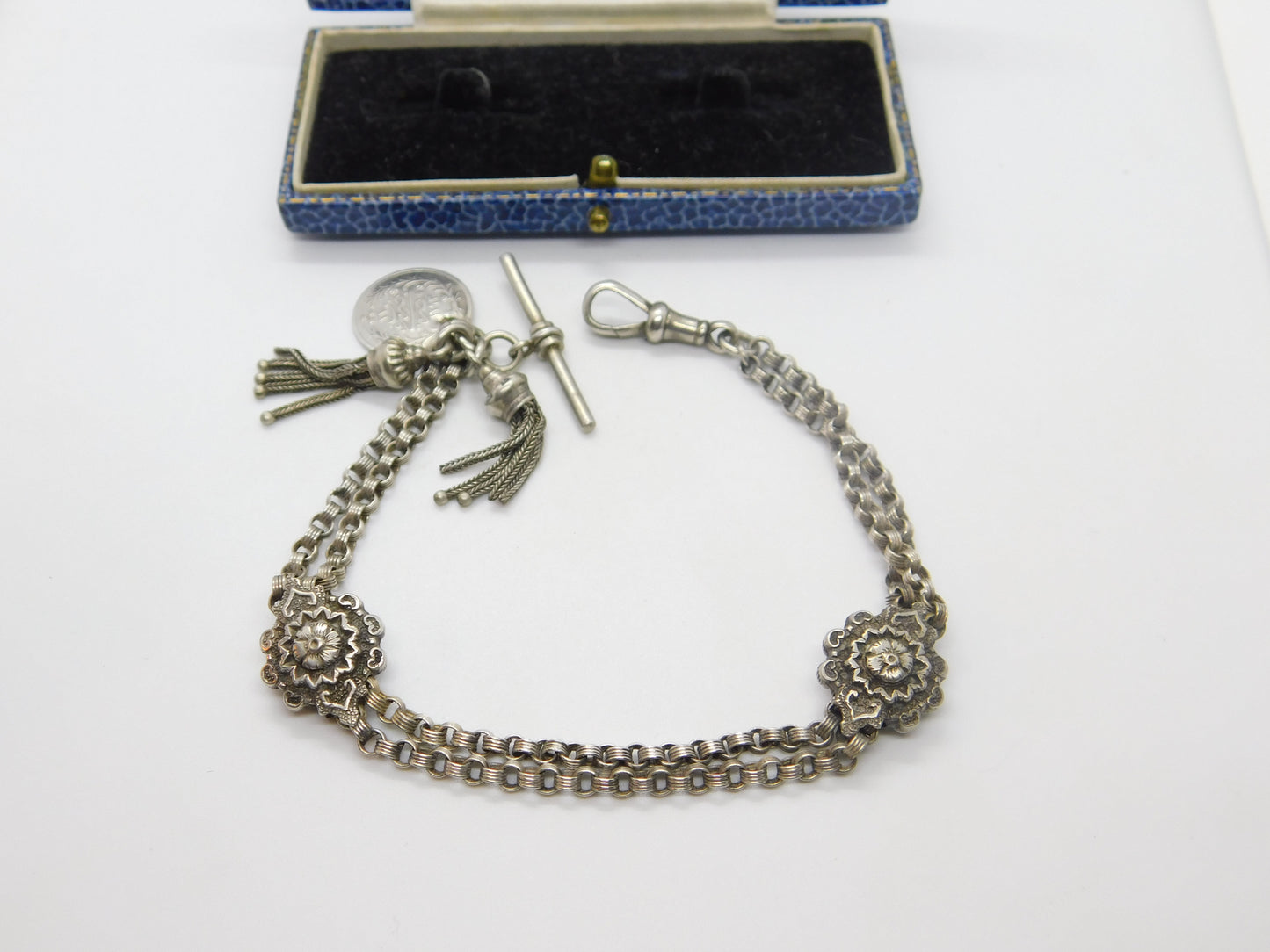 Victorian Sterling Silver Floral Albertina Bracelet with Albertina Tassels & Ottoman Coin Fob