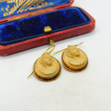 Regency Grand Tour 9ct Gold Carved Lava Female Cameo Earrings Antique c1830
