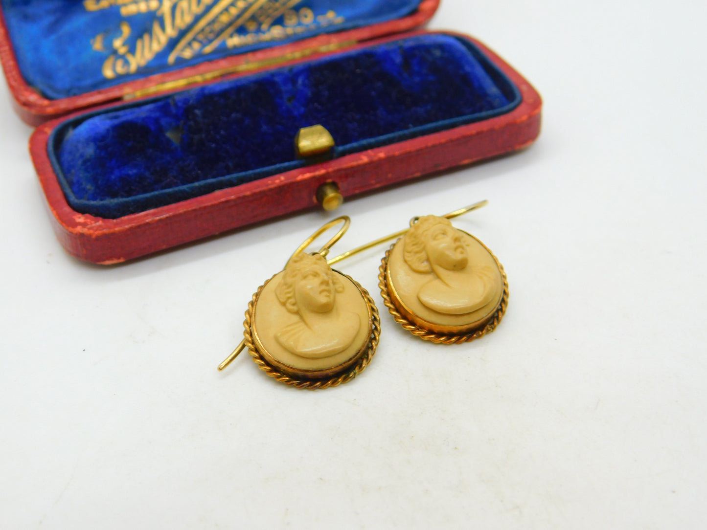 Regency Grand Tour 9ct Gold Carved Lava Female Cameo Earrings Antique c1830