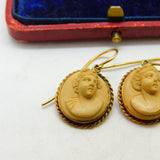 Regency Grand Tour 9ct Gold Carved Lava Female Cameo Earrings Antique c1830