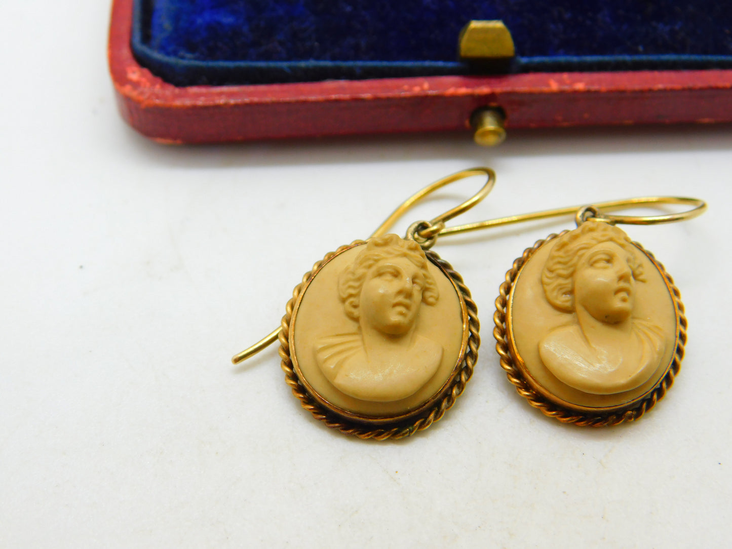 Regency Grand Tour 9ct Gold Carved Lava Female Cameo Earrings Antique c1830